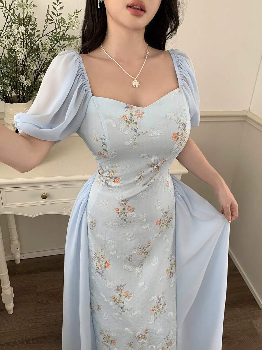 Modelyn 时尚浪漫假日特供白色女式连衣裙 - 淺藍色 - 查看 1