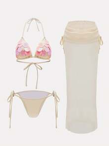 Swim Oasis Bộ bikini hai mảnh đính sequin màu trơn, kiểu dáng yếm, dành cho nữ, thích hợp cho kỳ nghỉ hè ở bãi biển, gồm quần bikini tam giác buộc dây bên hông và chân váy buộc dây bên hông. - Màu be - Xem 1