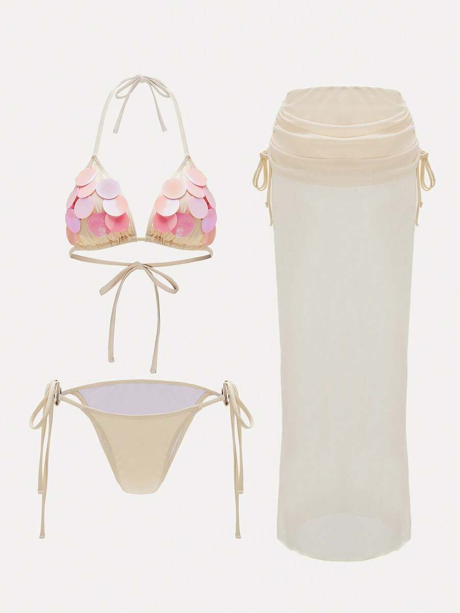 Swim Oasis Bộ bikini hai mảnh đính sequin màu trơn, kiểu dáng yếm, dành cho nữ, thích hợp cho kỳ nghỉ hè ở bãi biển, gồm quần bikini tam giác buộc dây bên hông và chân váy buộc dây bên hông. - Màu be - Xem 1