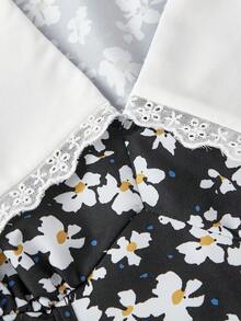 SHEIN MOD 女士翻领羊腿袖鱼骨纹碎花连衣裙，黑白配色，适合度假、生日、海滩、热带风情、派对等场合，可爱又时尚。这款连衣裙适合夏季穿着，也适合早午餐、休闲聚会等场合。 - 黑與白 - 查看 3