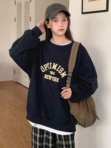 DAZY Sudadera casual holgada de cuello redondo, manga larga y hombros caídos con estampado de letras para adolescentes - Azul Marino - Ver 6