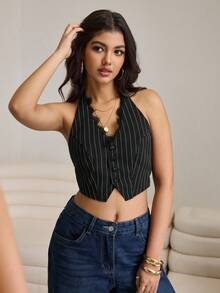 Aidyla 女士蕾丝边V领条纹背心 - 黑色 - 查看 6