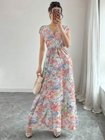 Modelyn Vestido floral con cuello en V elegante, escote cruzado, falda fluida, cómodo y encantador, hecho de poliéster, adecuado para el hogar, salidas, vacaciones y fiestas. Vestido de primavera/verano para mujer, vestido con estampado floral, vestido con estampado botánico. Vestido blanco