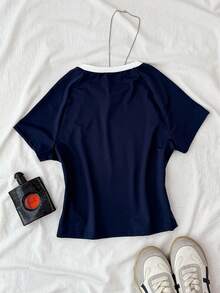 TEENGIRL Blue Fitted Round Neck Contrast Trim T-Shirt For Street Dance, Racing Badge & Letter Graphic Tee - Blue and White - View 2