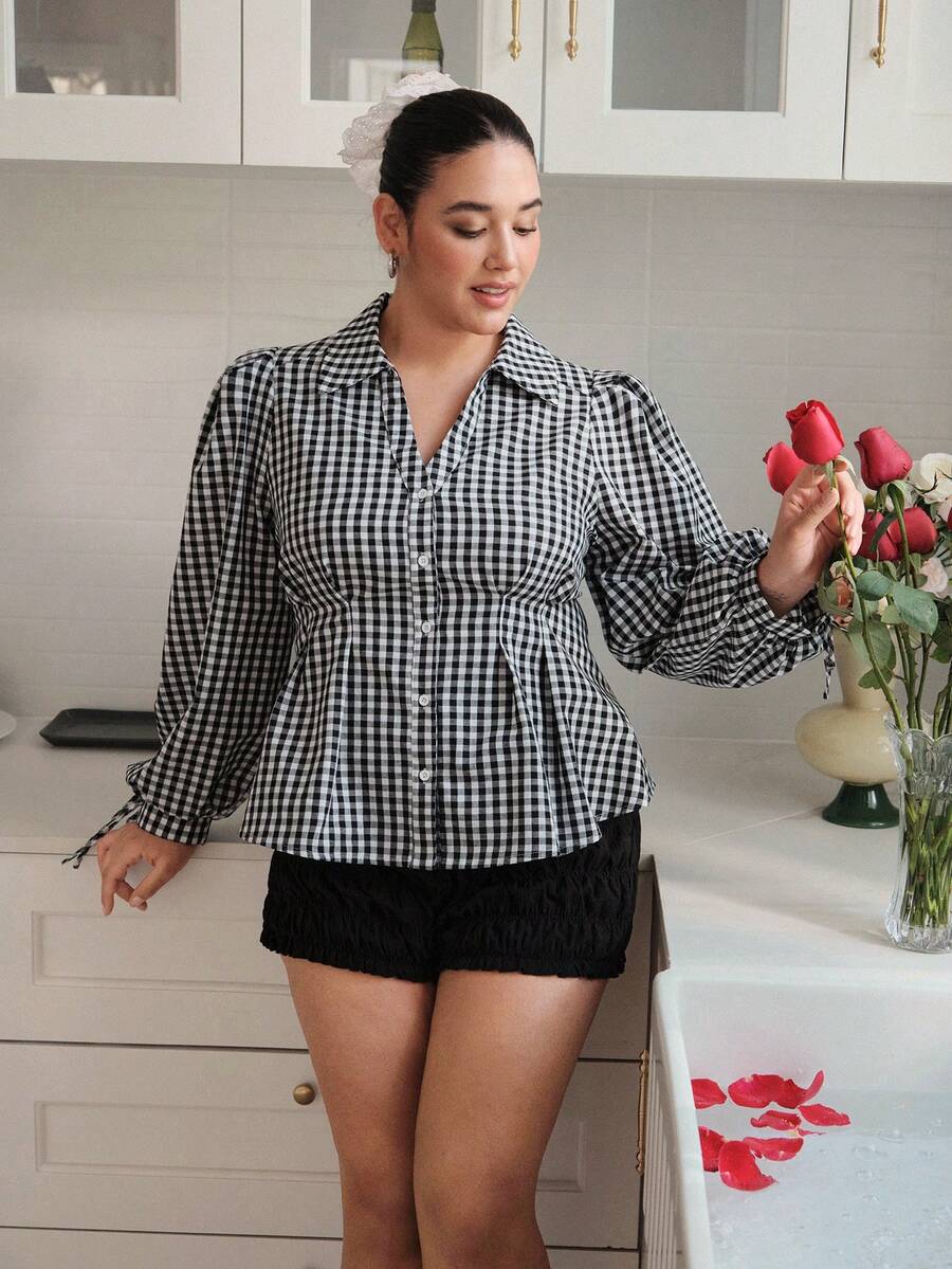 SHEIN MOD Plus Size Black & White Plaid Cinched Waist Collared Shirt, Suitable For Spring/Summer Outings, Casual Dates, And Work Commute.Sisters' Tea Party,Preppy Outfits