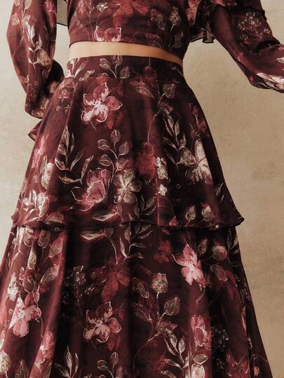 Anewsta Women's High Waist Elegant Ink Floral Print Layered Skirt