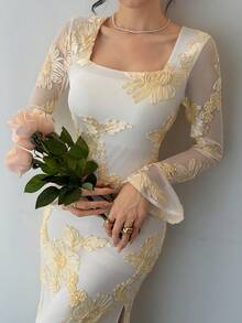 DAZY Women's Embroidered Mesh Patchwork Square Neck Long Sleeve Dress Wedding Guest Dress Sundress - Apricot - View 1
