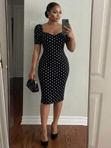 SHEIN Lady CURVE 大码优雅通勤波点印花泡泡袖修身连衣裙 - 彩色 - 查看 5