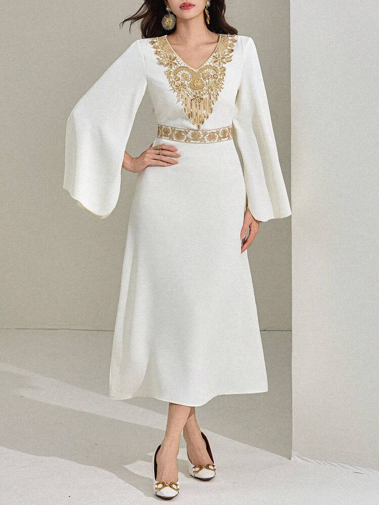 Women's V-Neck Embroidered Applique Elegant Long Sleeve Dress Sundress