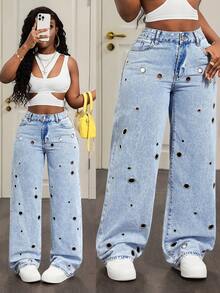 Slaydiva Quần jeans nữ màu trơn, tối giản, kiểu dáng thời trang rách nhẹ, thích hợp mặc hàng ngày. - Màu xanh lam - Xem 1