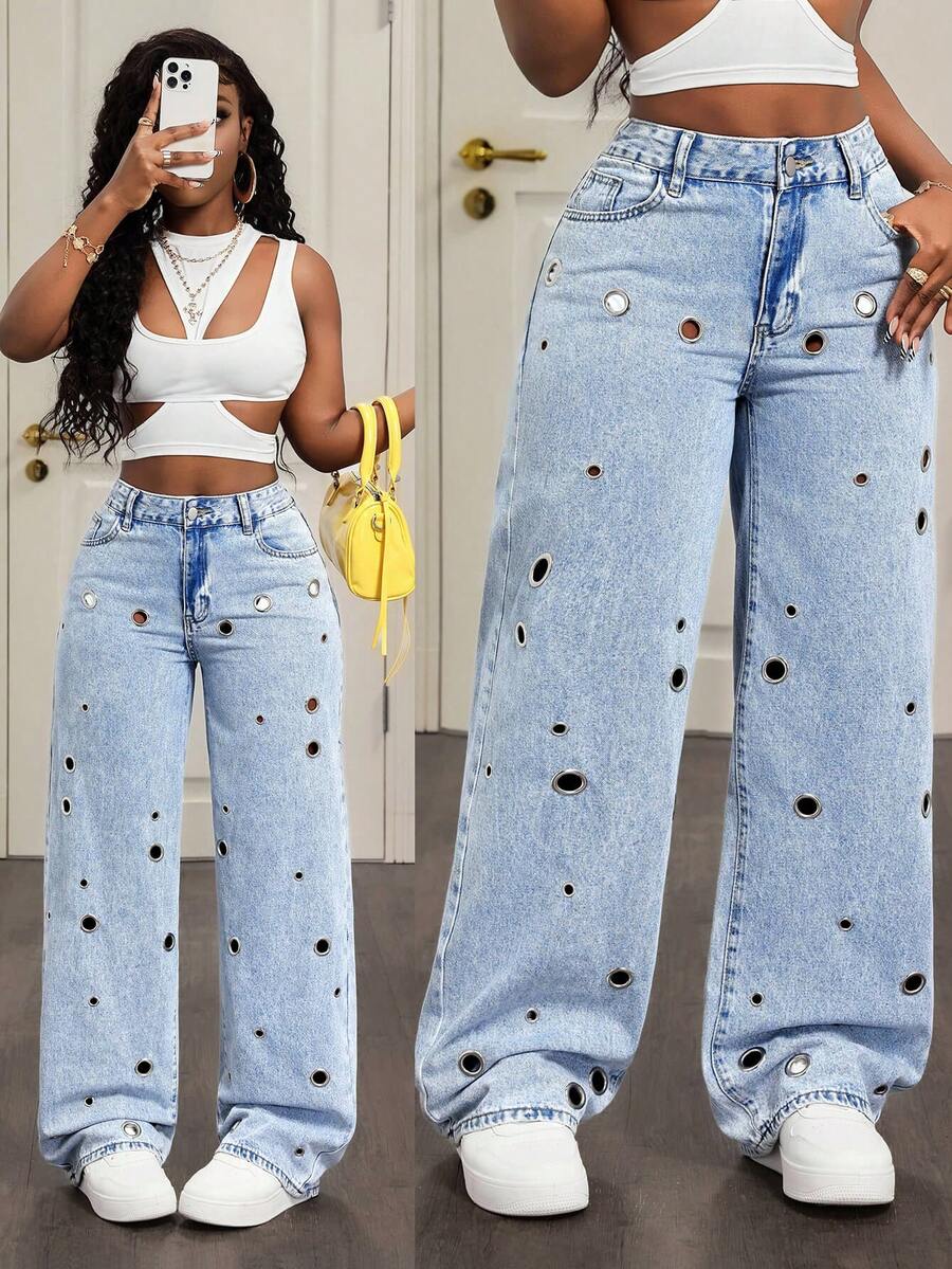 Slaydiva Quần jeans nữ màu trơn, tối giản, kiểu dáng thời trang rách nhẹ, thích hợp mặc hàng ngày. - Màu xanh lam - Xem 1