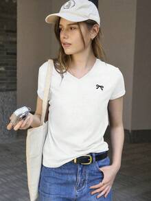 Jouncy Women's Bow Print V-Neck Short Sleeve Casual Versatile T-Shirt - White - View 6