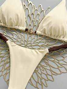 Swim Mod Women's New Metal Decor Solid Color V-Neck Halter Backless Triangle Bikini Set, Sexy Thong Swimsuit, Spring/Summer