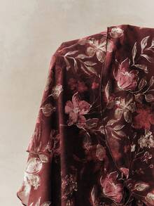 Anewsta Women's High Waist Elegant Ink Floral Print Layered Skirt - Burgundy - View 8