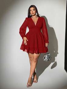 Viva Relle Plus Size Sexy Solid Deep V-Neck Ruched Long Sleeve Dress - Burgundy - View 3