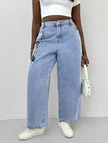 Slaydiva Plus Size Women Loose Fit Chain Print Pocket Wide Leg Casual Jeans - Blue - View 6