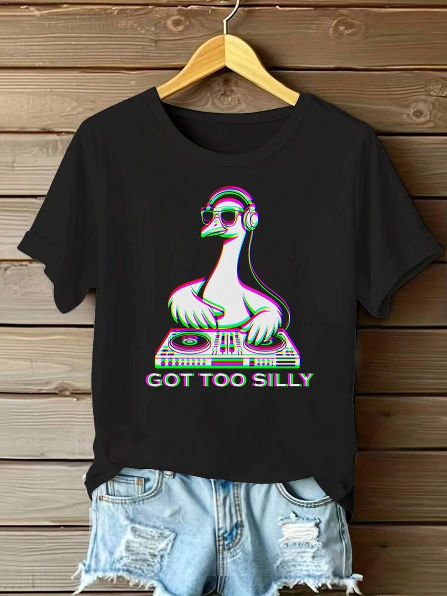 女士休闲标语卡通鸭子印花短袖圆领T恤 - 黑色 - 查看 1