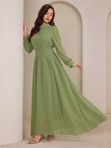 Graceveil Women's Design Sense Semi-High Collar Cinched Waist Flared Dress - Green - View 4