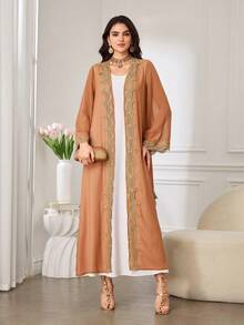 Al Najma Women's Elegant Luxurious Golden Heavy Embroidery Lace Collar & Cuff Sequin Decor Hollow-Out Splice Ribbon Chiffon Sheer Arabic Robe Feminine Style - Khaki - View 5