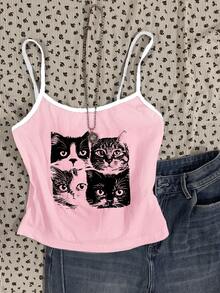 Attitoon Bộ 3 áo hai dây croptop in hình mèo dễ thương, ngôi sao lễ hội âm nhạc, đầu bò phương Tây, màu trơn, kiểu dáng thường ngày, đa năng, cổ tròn ôm sát, phù hợp cho nữ mùa hè. - Nhiều màu - Xem 5