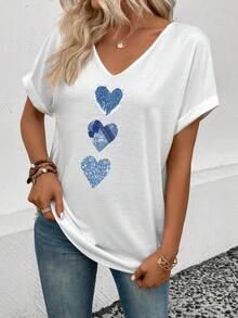 EMERY ROSE Fashionable Casual New White Front Panel Denim Heart Print T-Shirt - White - View 7