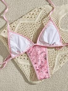 Bonvoyette 夏季新款香槟色纯色高端刺绣亮片闪亮病毒式派对下午茶聚会支撑高衩侧系带比基尼两件式泳衣女款 - 粉色 - 查看 3