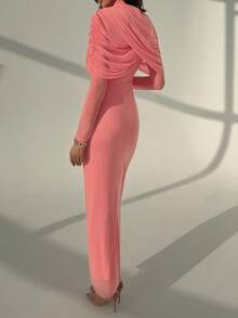 Aloruh 女士复古斗篷式立领修身连衣裙，长袖，适合茶会、下午茶、宴会、派对、生日等场合。 - 粉色 - 查看 3