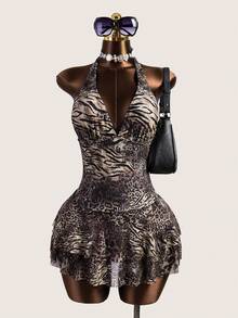 Zestiva 2022 Spring/Summer Sexy V-Neck Leopard Print Beach Swimsuit Skirt - Multicolor - View 1