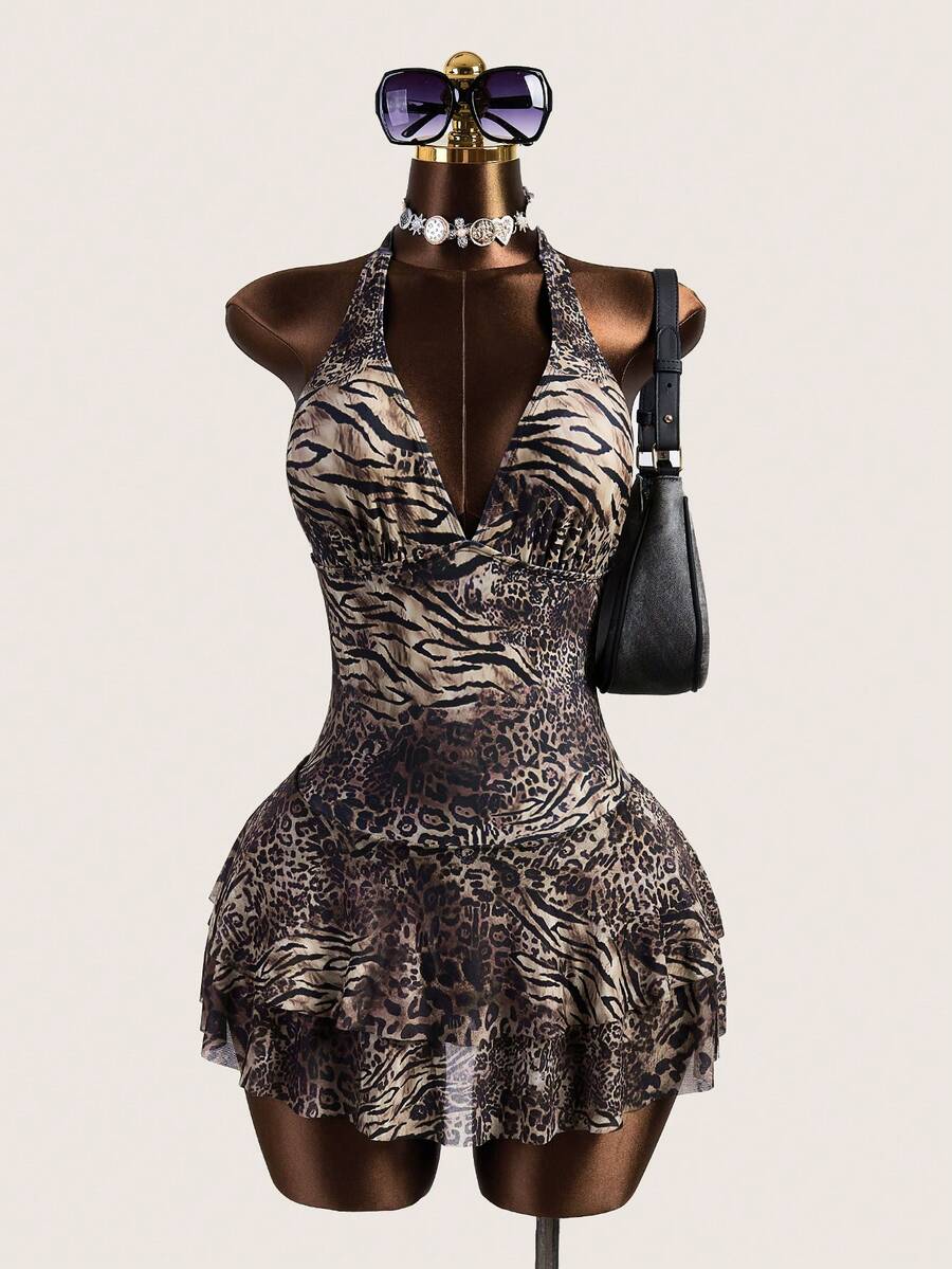 Zestiva 2022 Spring/Summer Sexy V-Neck Leopard Print Beach Swimsuit Skirt - Multicolor - View 1