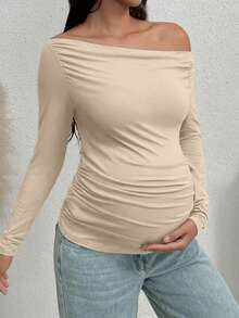 SHEIN Áo thun dài tay ôm dáng, màu trơn, xếp ly, vai lệch, dành cho bà bầu. - Màu be - Xem 3