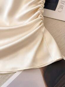 Franclia 女士优雅圆领收腰褶皱短袖百搭纯色浅桃色衬衫 - 杏色 - 查看 5