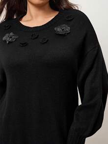 Enliva Plus Size Women Knitted Long Sleeve Dress With 3D Floral Decor, For Winter, For Apple & Rounded Body Shape - Black - View 4