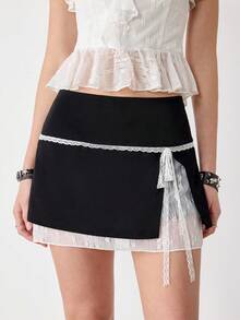 Ardnt Classic Black & White Low-Waist A-Line Lace Patchwork Elegant Slim-Fit Tie-Up Lace Bow Skirt For Women - Black and White - View 5