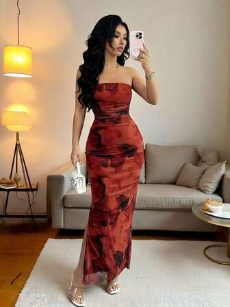 Rafferiza 女士优雅褶皱扎染网纱印花收腰无肩带派对开衩连衣裙