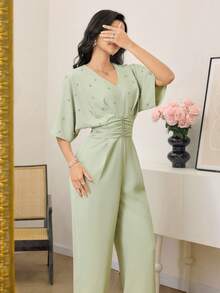 Modelyn Bộ áo liền quần đính đá lấp lánh thời trang mới dành cho nữ - Màu xanh Bạc hà - Xem 1