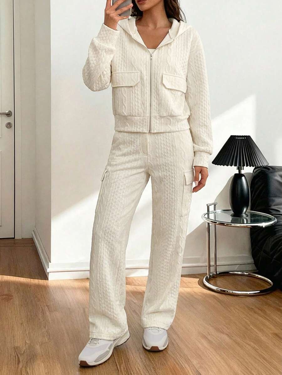 Aidyla 2 件套女士冬季服装 - 拉链连帽夹克和直筒裤套装，小众设计，工装风格，棉质面料，休闲户外时尚，米色 - 白色 - 查看 1