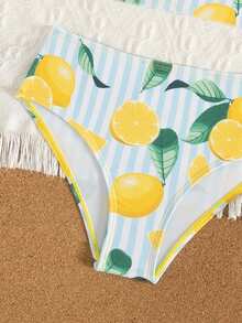 Young Girls Lemon Print Knit Asymmetrical Shoulder Ruffle 2 Pieces Bikini Set, Elegant & Conservative, Suitable For Vacation, Swimming, Beach, Summer  Lemon Swimsuit Kids Lemon Bathing Suit Girls Two Pieces With Ruffles Girls Swimsuit Two Piece Fruit Print Swimsuit Kids Lemon Two Piece Swimsuit Girls Girls Two Piece Swimsuit With Ruffles 2 Piece Set Summer Girls Kids Lemon 2 Piece Swimsuit Girls Ruffled Swimsuit Girls Lemon Swimsuit Girls 2 Piece Swimsuit Ruffled Collar Swimsuit Girls Girls 2 Pi - Multicolor - View 5