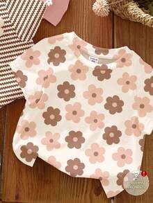 3pcs/Set Cute Floral Series Cream White, Brown Stripe, Pink Basic Round Neck Short Sleeve T-Shirts, Casual Versatile Suitable For Daily Wear, Home, Vacation, Holiday For Baby Girls, Easy Comfort, Layered Stylish Outfits, Casual Wear, Baby Girl Floral Graphic Clothes, Chic Autumn, Fashion Winter, New Style - Multicolor - View 3