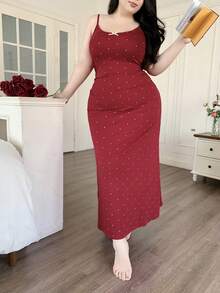 Dazy Plus Plus Size Women Polka Dot Elastic Tight Fitting Sleepwear Dress With Elegant Bow Decor, Red - Burgundy - View 5