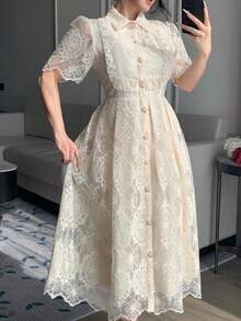 DAZY 优雅法式蕾丝连衣裙，收腰设计，修身显瘦，高端婚礼宾客礼服 - 杏色 - 查看 7