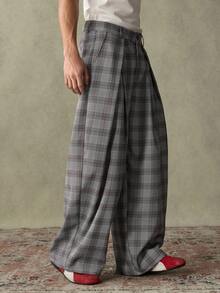 SWAVVY Quần ống rộng xếp ly kẻ caro cho nam, quần ống rộng thoải mái cho nam, quần kẻ caro nam, quần cạp cao nam, quần xếp ly nam, quần ống rộng thùng thình cho nam. - Xám - Xem 5