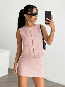 SHEIN EZwear 女士纯色圆领纽扣前开襟背心和迷你裙两件套 - 藕粉色 - 查看 5