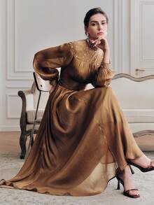 Anewsta Romantic Elegant Party Rhinestone Embellished Waist Dress - Coffee - View 1