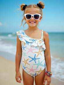 小女孩可爱针织海星印花不对称领口吊带海洋风连体泳衣 - 彩色 - 查看 7