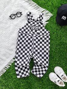 SHEIN Unisex Baby Checkered Suspender Pants, Casual & Cute, Spring/Summer Baby Boy Clothes, Streetwear - Black and White - View 6