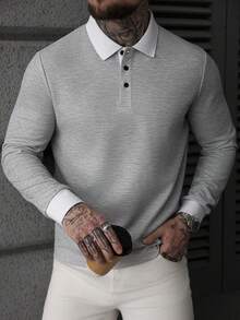 Manfinity Homme Men's Contrast Color Long Sleeve Casual Commuter Polo Shirt - Grey - View 3
