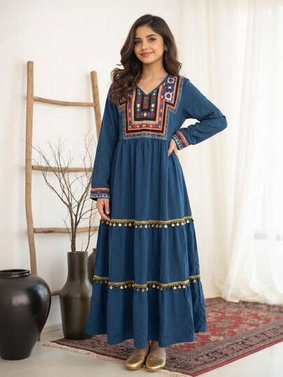 SHEIN 少女编织拼接金色丝带印花休闲度假连衣裙