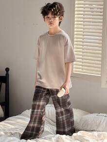 DAZY Tween Boy Solid Color Crew Neck Short Sleeve Top And Plaid Print Pants Pajama Set Spring Summer - Apricot - View 4