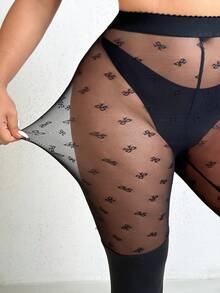 GalTyme 大码蝴蝶结图案薄纱休闲打底裤 - 黑色 - 查看 7