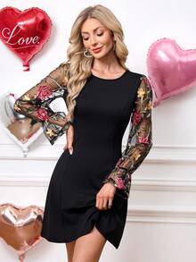 SHEIN Clasi Đầm ngắn tay dài cổ tròn phối lưới thêu hoa dành cho nữ - màu đen - Xem 3